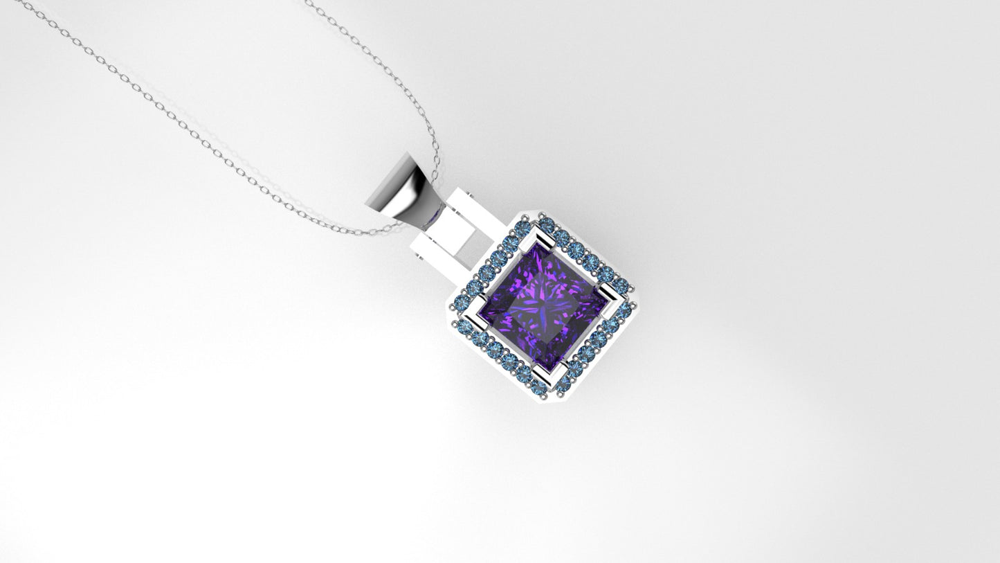 14K Pendant with 1 Amethyst 5.5mm and 24 Blue Topaz 1mm each, Only Pendant, "cut princess"