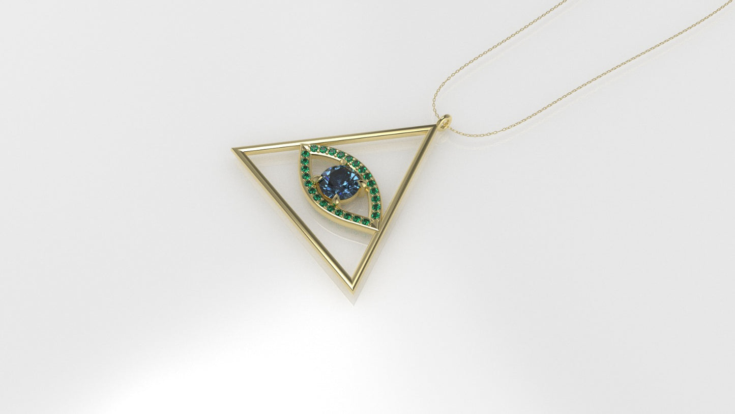 14K Pendant with 26 Emerald 1mm each and 1 Blue Topaz 5mm, Only Pendant, "sacred eye of the pyramid"