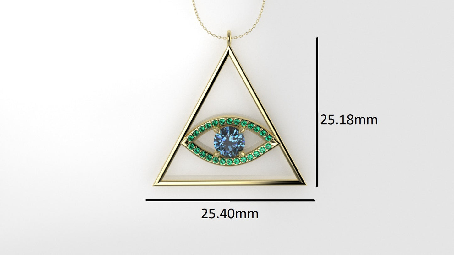 14K Pendant with 26 Emerald 1mm each and 1 Blue Topaz 5mm, Only Pendant, "sacred eye of the pyramid"