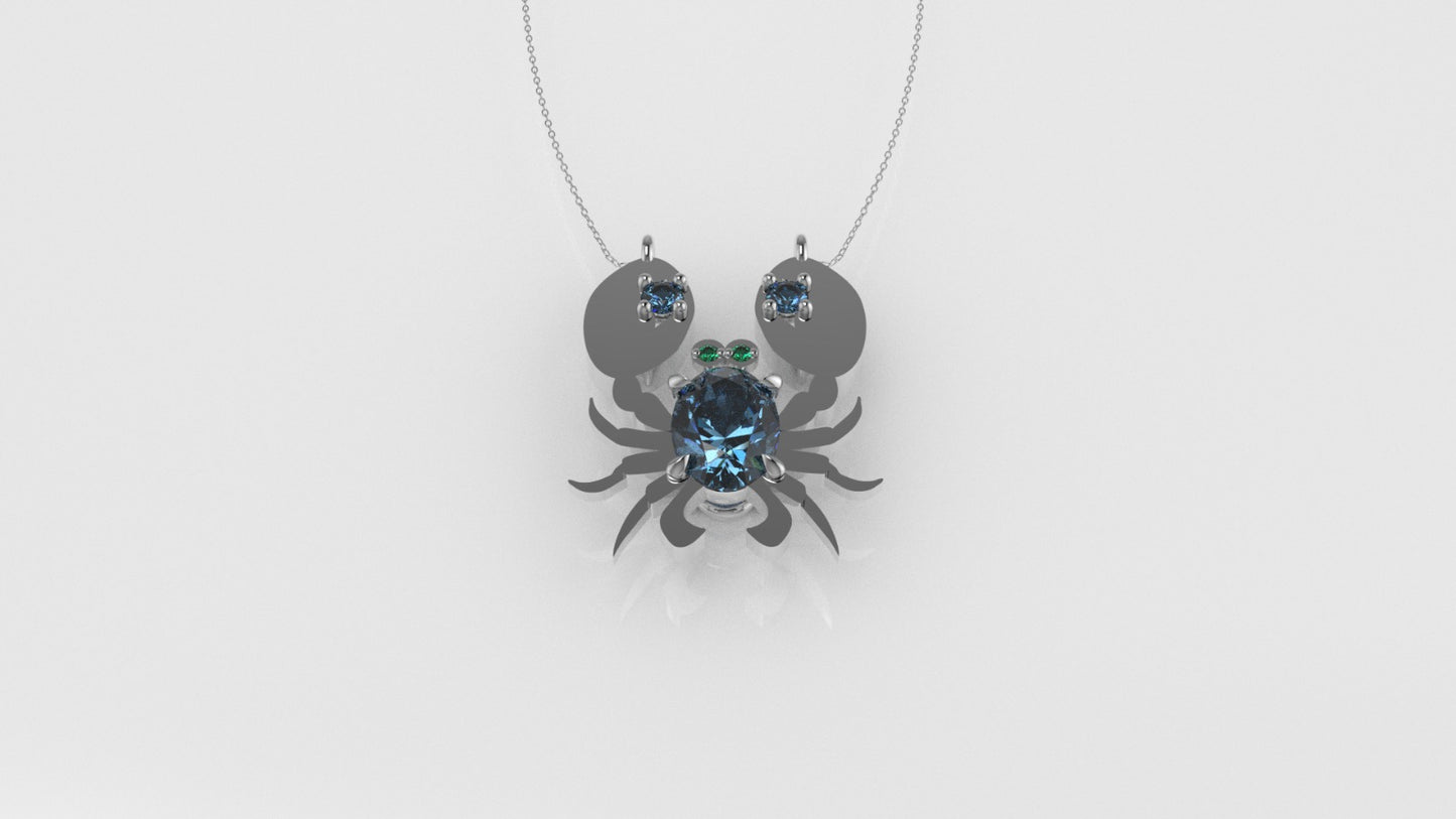 14K Pendant with 3 Blue Topaz and 2 Emerald, "figure of a crab in solid gold", Only Pendant