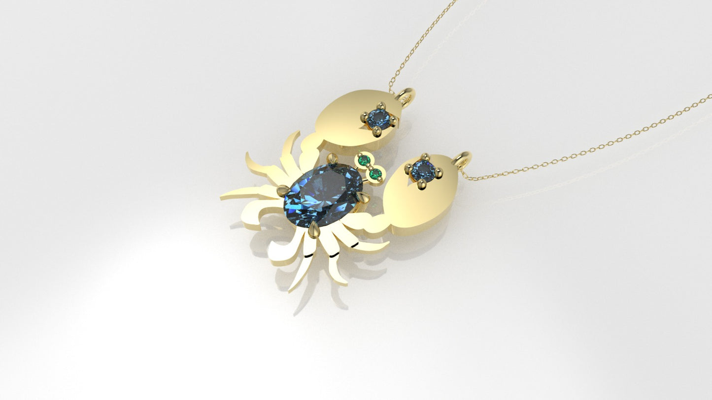 14K Pendant with 3 Blue Topaz and 2 Emerald, "figure of a crab in solid gold", Only Pendant
