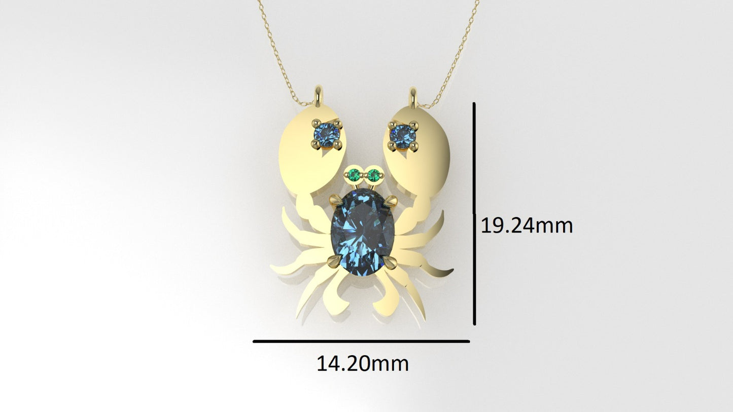 14K Pendant with 3 Blue Topaz and 2 Emerald, "figure of a crab in solid gold", Only Pendant