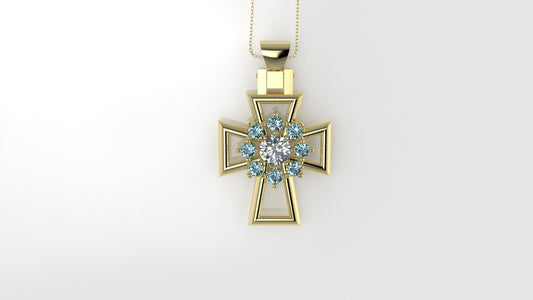 14K Pendant with 1 Diamond 4mm VS1 and 8 Aquamarine 2mm each, Only Pendant, "Cross Style with Prongs"
