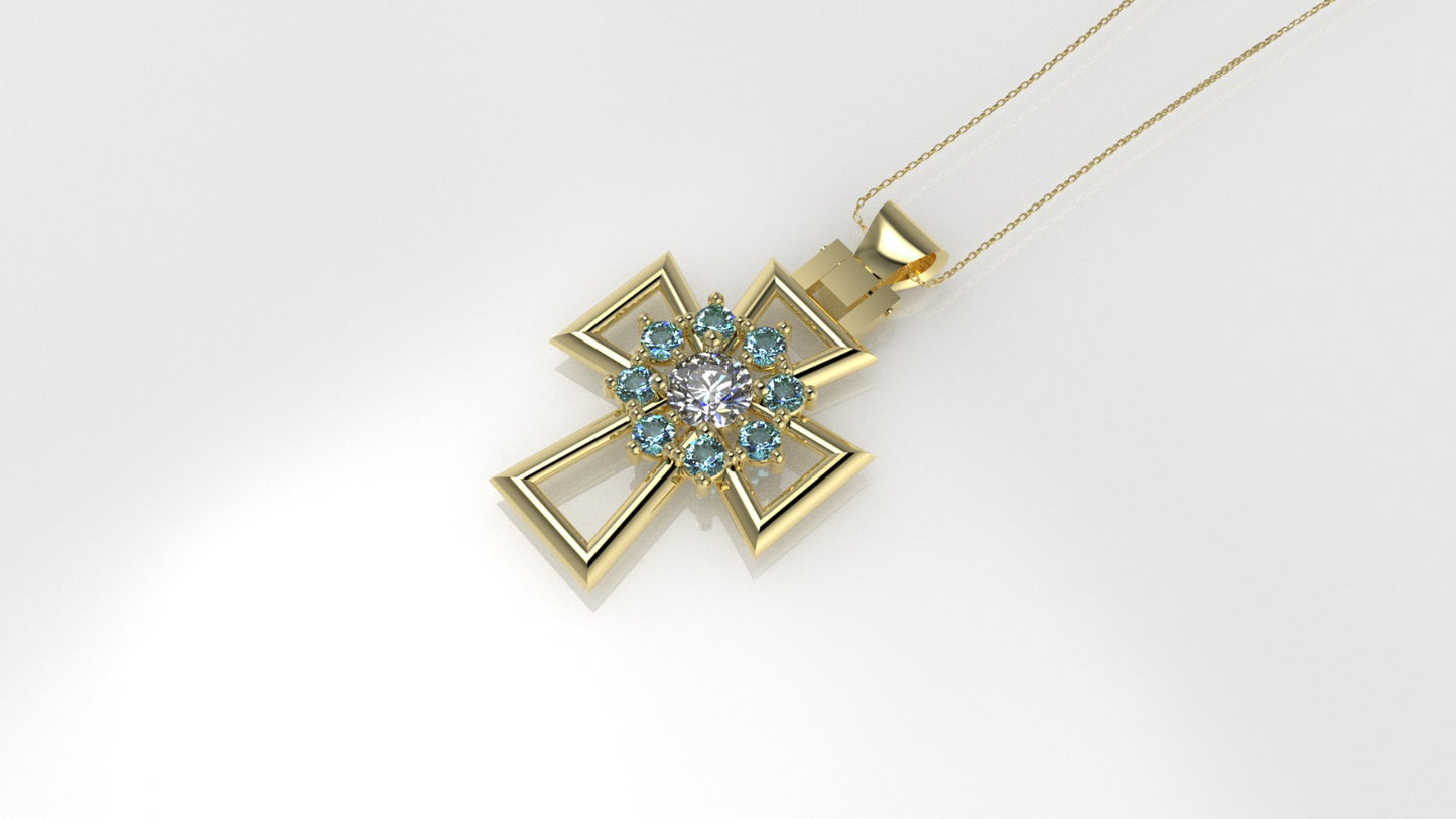 14K Pendant with 1 Diamond 4mm VS1 and 8 Aquamarine 2mm each, Only Pendant, "Cross Style with Prongs"