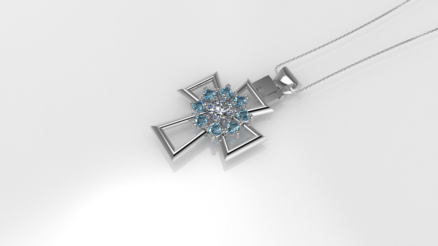 14K Pendant with 1 Diamond 4mm VS1 and 8 Aquamarine 2mm each, Only Pendant, "Cross Style with Prongs"