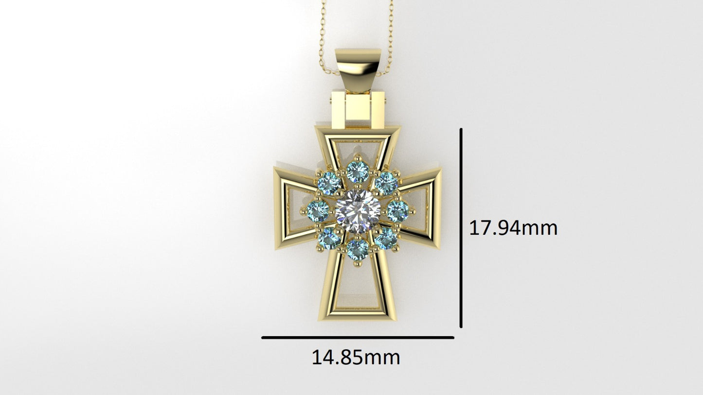14K Pendant with 1 Diamond 4mm VS1 and 8 Aquamarine 2mm each, Only Pendant, "Cross Style with Prongs"