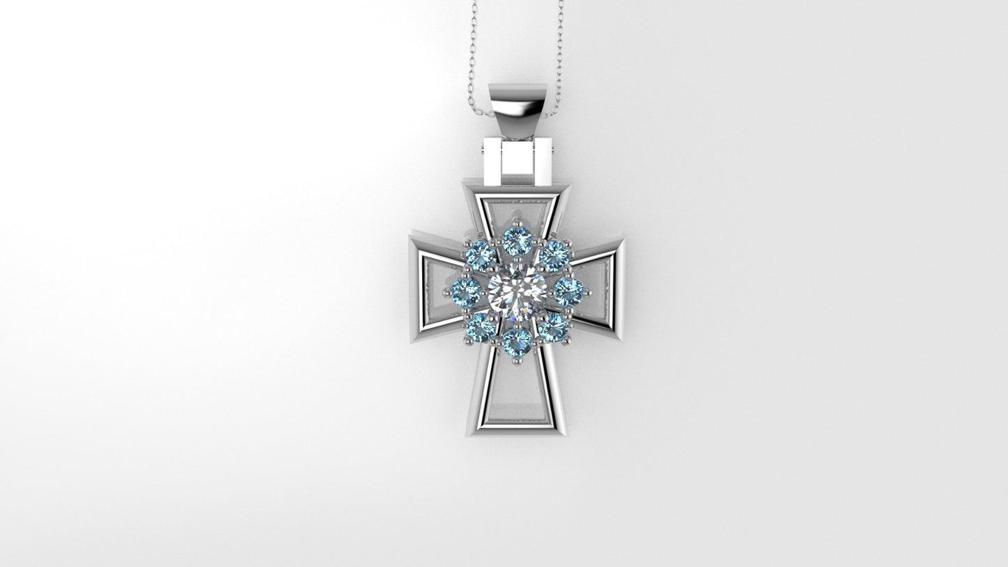 14K Pendant with 1 Diamond 4mm VS1 and 8 Aquamarine 2mm each, Only Pendant, "Cross Style with Prongs"