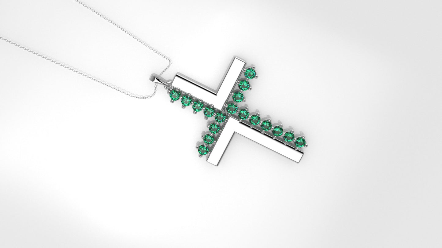 14K Pendant with 18 Emerald 2mm each, Only Pendant, "Cross Style solid gold with Prongs"