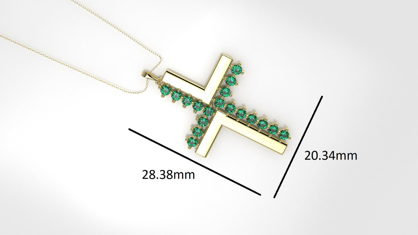 14K Pendant with 18 Emerald 2mm each, Only Pendant, "Cross Style solid gold with Prongs"