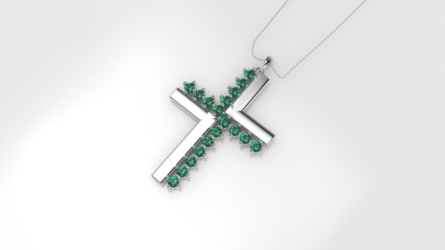 14K Pendant with 18 Emerald 2mm each, Only Pendant, "Cross Style solid gold with Prongs"