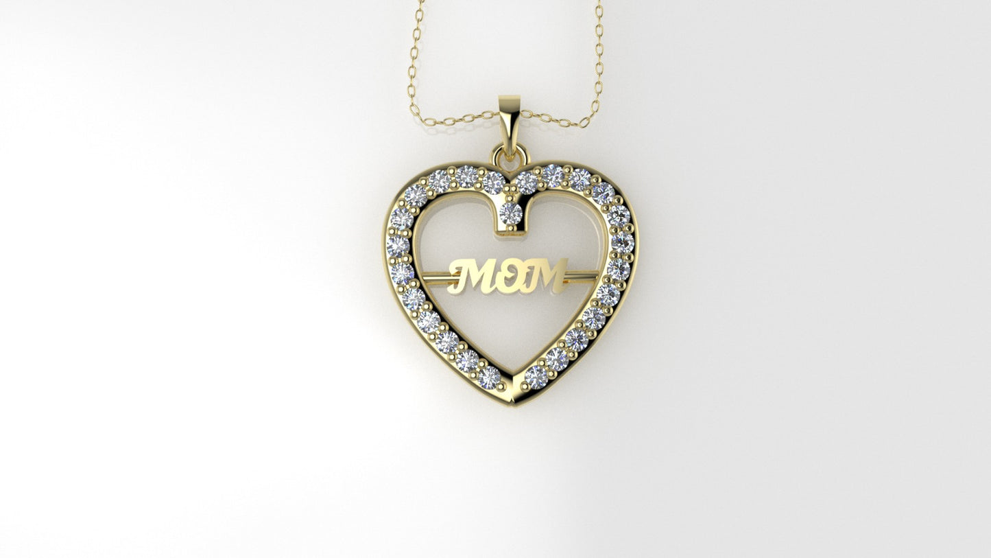 14K Pendant with 25 Diamond 1mm VS1 each, Only Pendant, "heart for MOM"