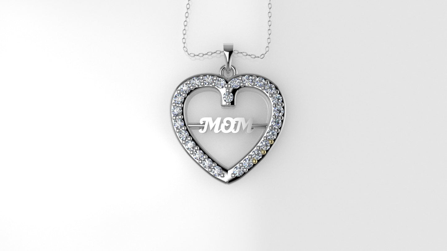 14K Pendant with 25 Diamond 1mm VS1 each, Only Pendant, "heart for MOM"