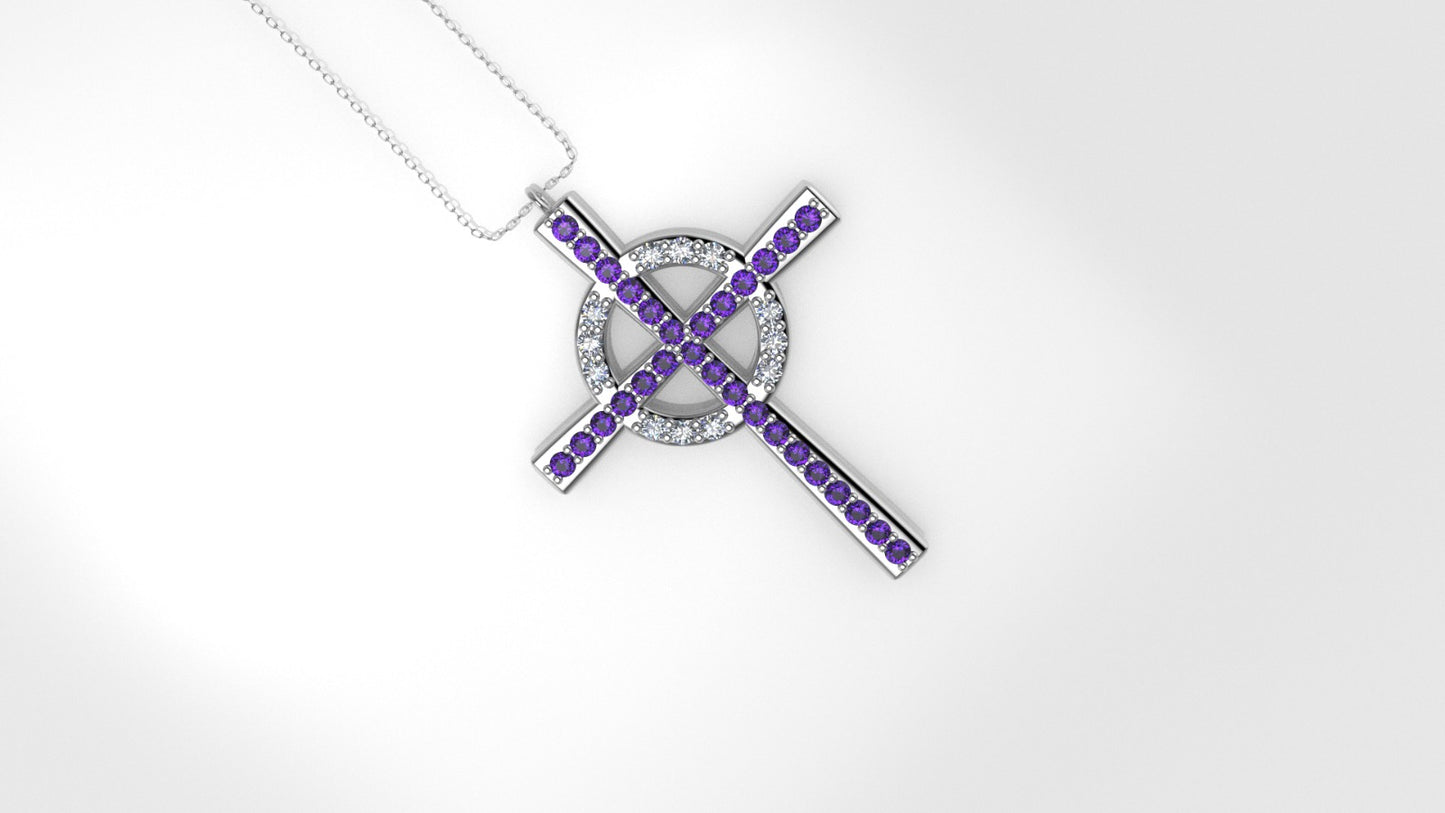 14K Pendant with 29 Amethyst 1.2mm each and 12 Diamond 1.2mm VS1 each, Only Pendant, "CROSS AND CIRCLE"