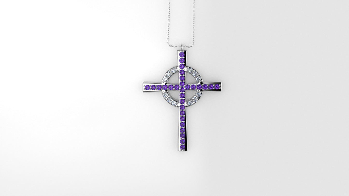 14K Pendant with 29 Amethyst 1.2mm each and 12 Diamond 1.2mm VS1 each, Only Pendant, "CROSS AND CIRCLE"