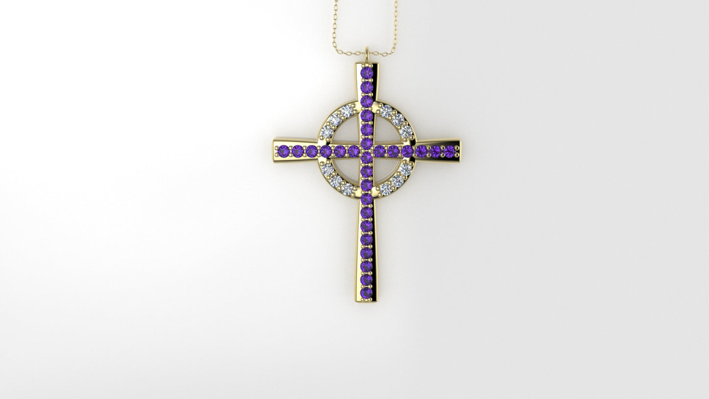 14K Pendant with 29 Amethyst 1.2mm each and 12 Diamond 1.2mm VS1 each, Only Pendant, "CROSS AND CIRCLE"