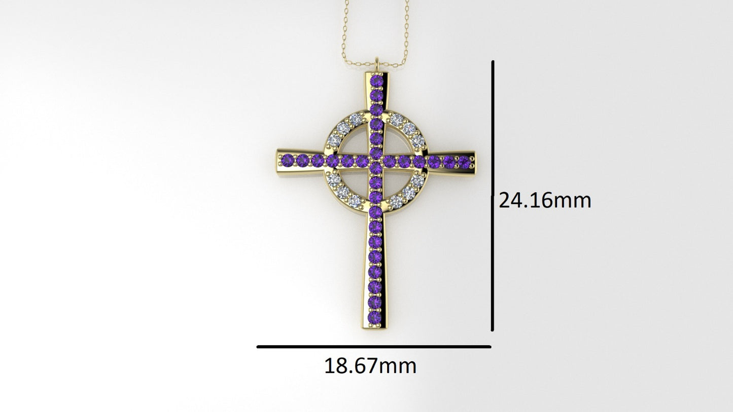 14K Pendant with 29 Amethyst 1.2mm each and 12 Diamond 1.2mm VS1 each, Only Pendant, "CROSS AND CIRCLE"