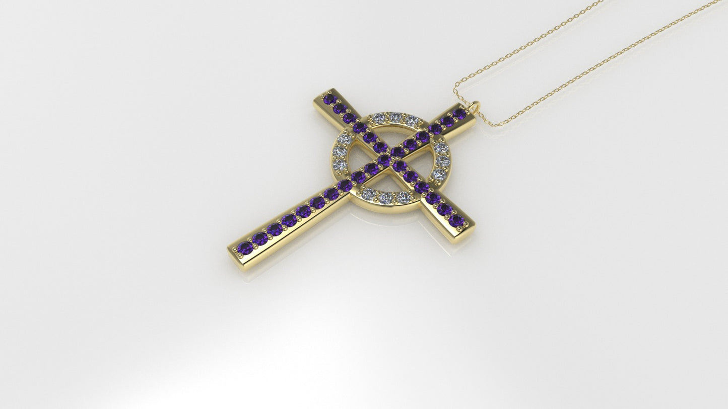 14K Pendant with 29 Amethyst 1.2mm each and 12 Diamond 1.2mm VS1 each, Only Pendant, "CROSS AND CIRCLE"