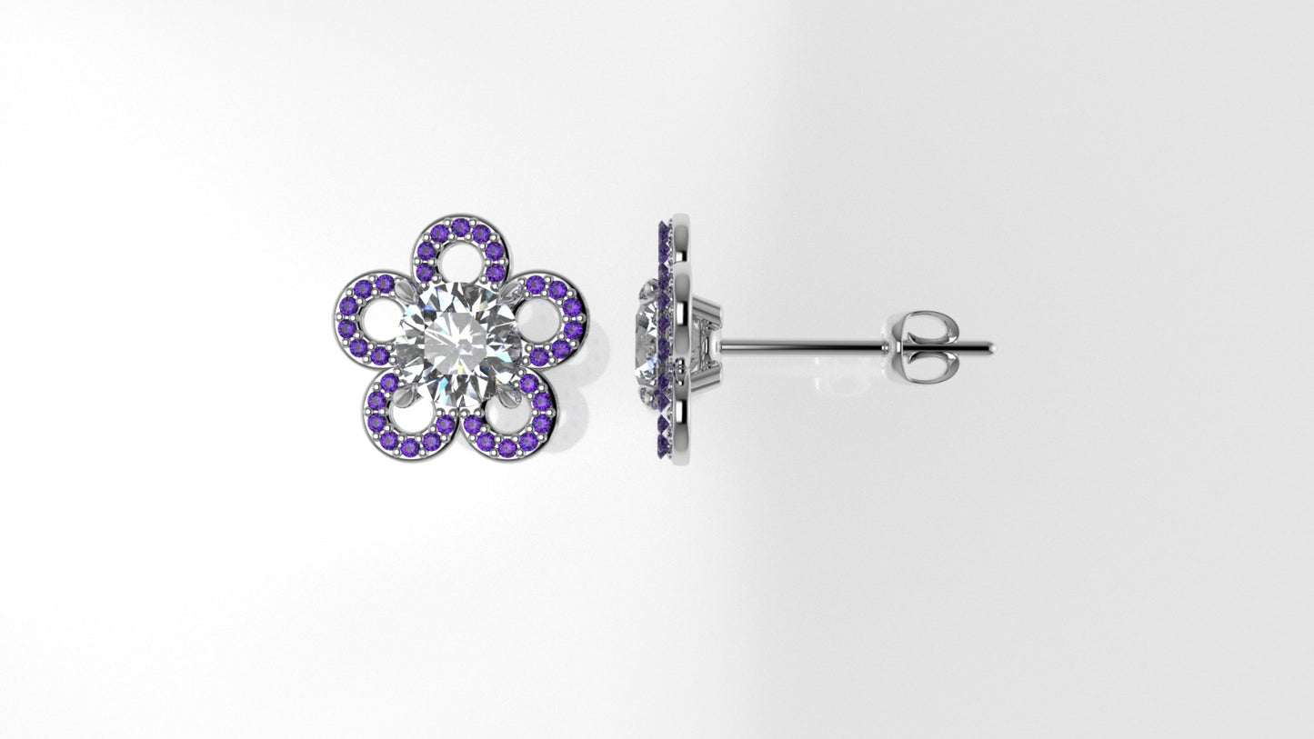 Yellow Gold Earrings with 2 DIAMOND 6.5mm VS1 each and 66 AMETHYST 1mm each, "flower with 5 petals"