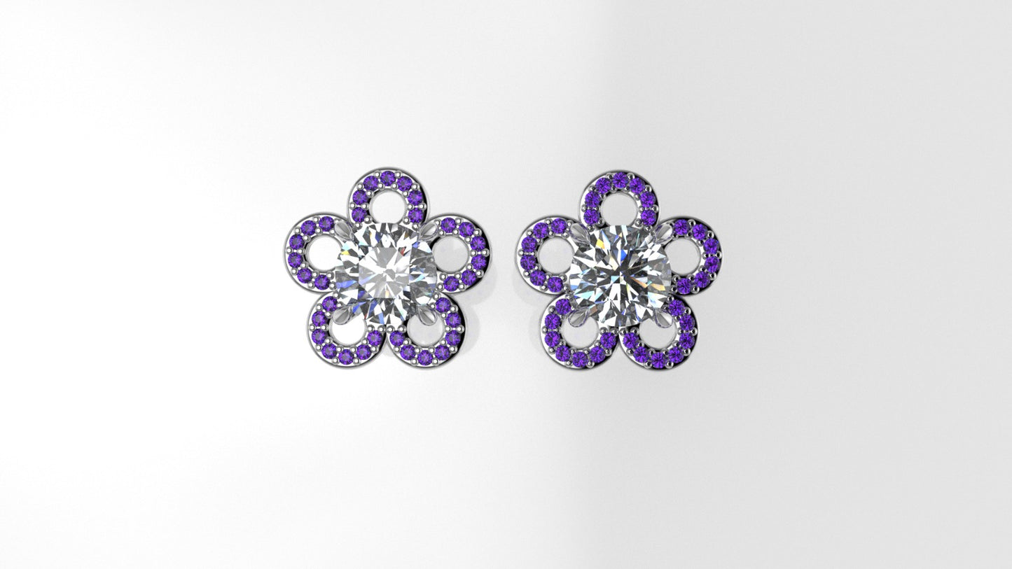 Yellow Gold Earrings with 2 DIAMOND 6.5mm VS1 each and 66 AMETHYST 1mm each, "flower with 5 petals"