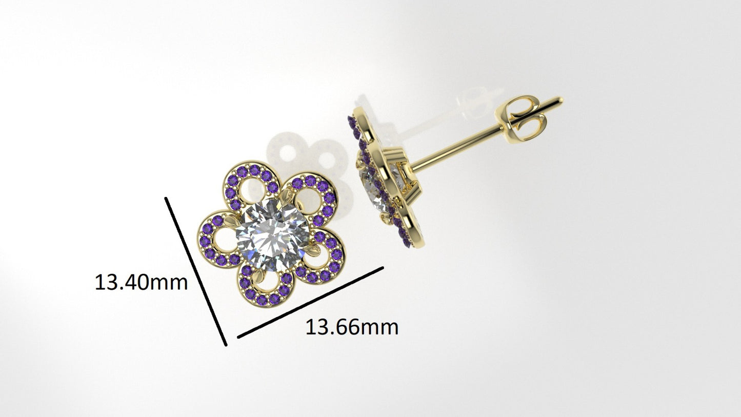 Yellow Gold Earrings with 2 DIAMOND 6.5mm VS1 each and 66 AMETHYST 1mm each, "flower with 5 petals"