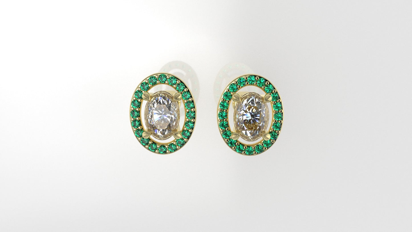 14k Push Back Earrings with 2 DIAMOND VS1 OVAL and 40 EMERALD