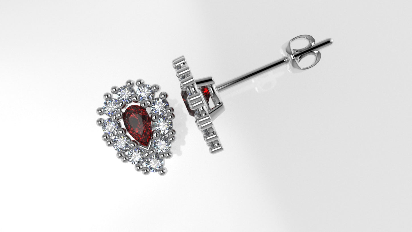 Gold Push Back Earrings with 20 DIAMOND VS1 and 2 RUBY PEAR