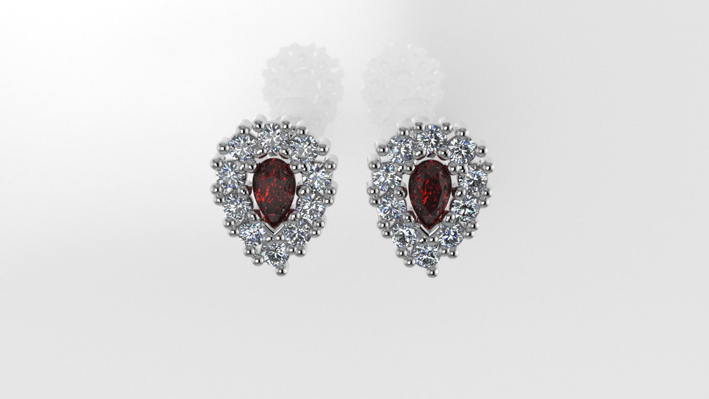 Gold Push Back Earrings with 20 DIAMOND VS1 and 2 RUBY PEAR