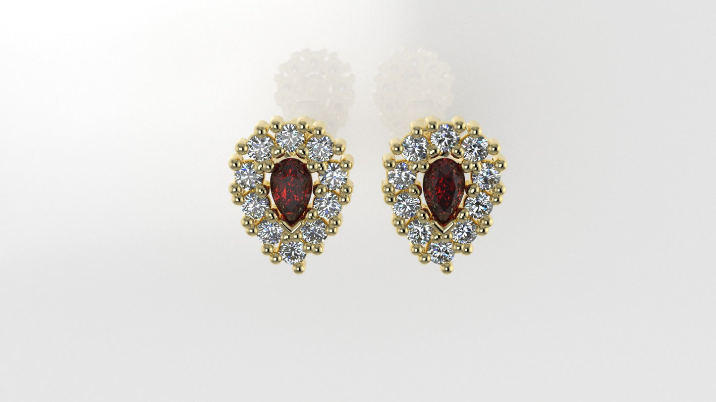 Gold Push Back Earrings with 20 DIAMOND VS1 and 2 RUBY PEAR