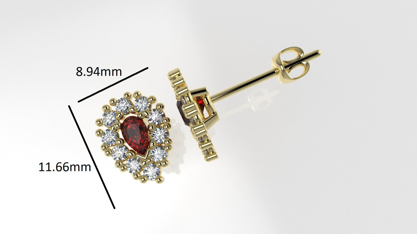 Gold Push Back Earrings with 20 DIAMOND VS1 and 2 RUBY PEAR