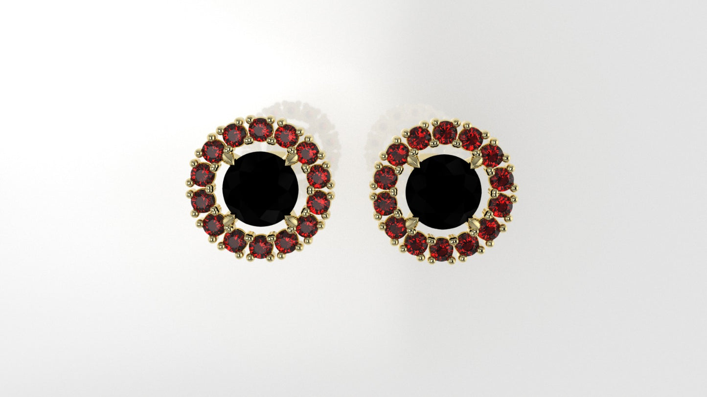 14k Push Back Earrings with 2 BLACK STONE 2mm each and 28 RUBY 2mm each, "circle with 4 Prongs"