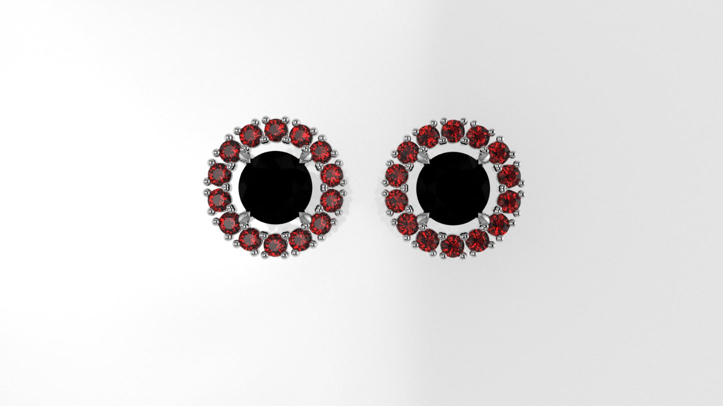 14k Push Back Earrings with 2 BLACK STONE 2mm each and 28 RUBY 2mm each, "circle with 4 Prongs"