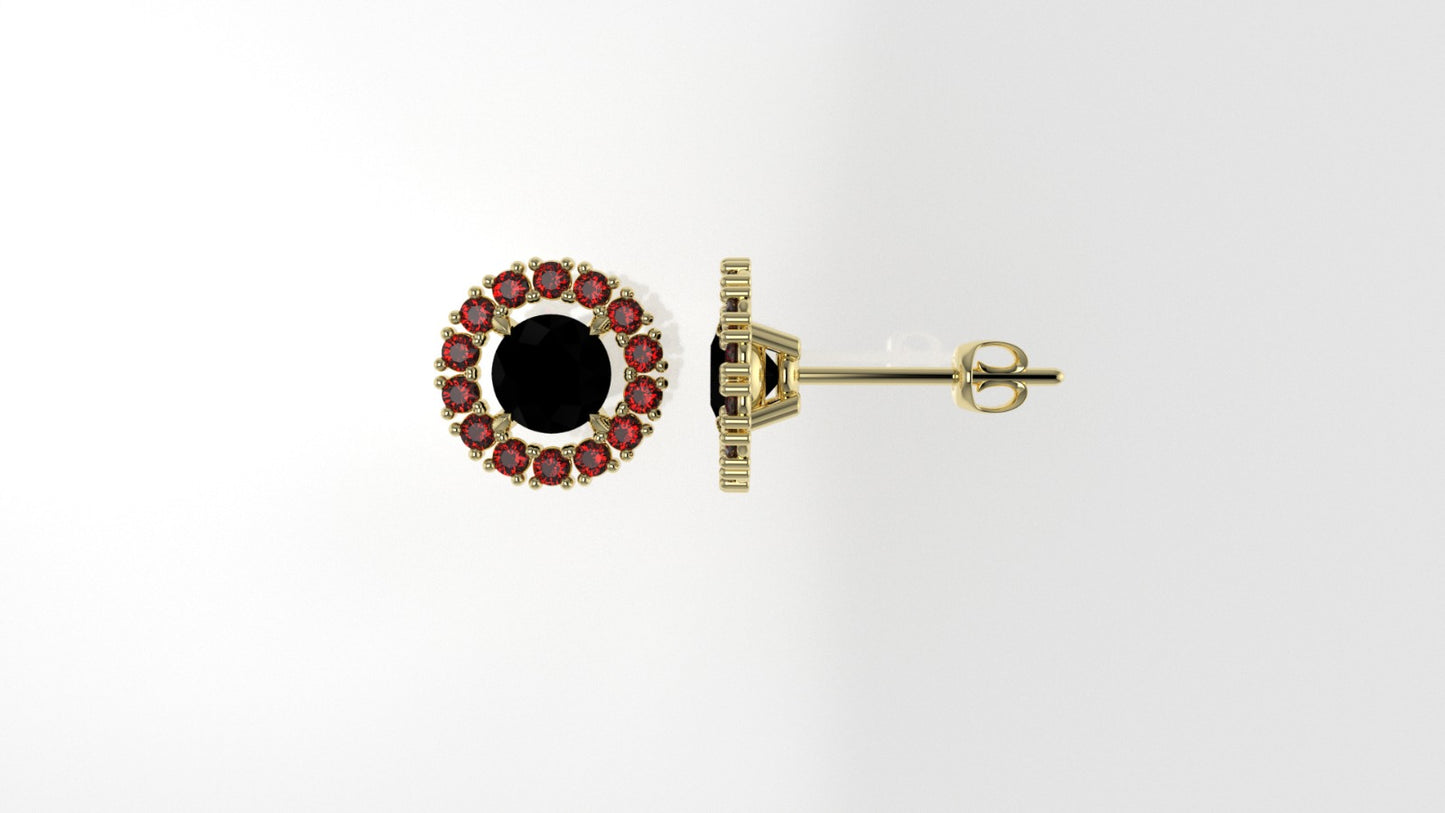 14k Push Back Earrings with 2 BLACK STONE 2mm each and 28 RUBY 2mm each, "circle with 4 Prongs"