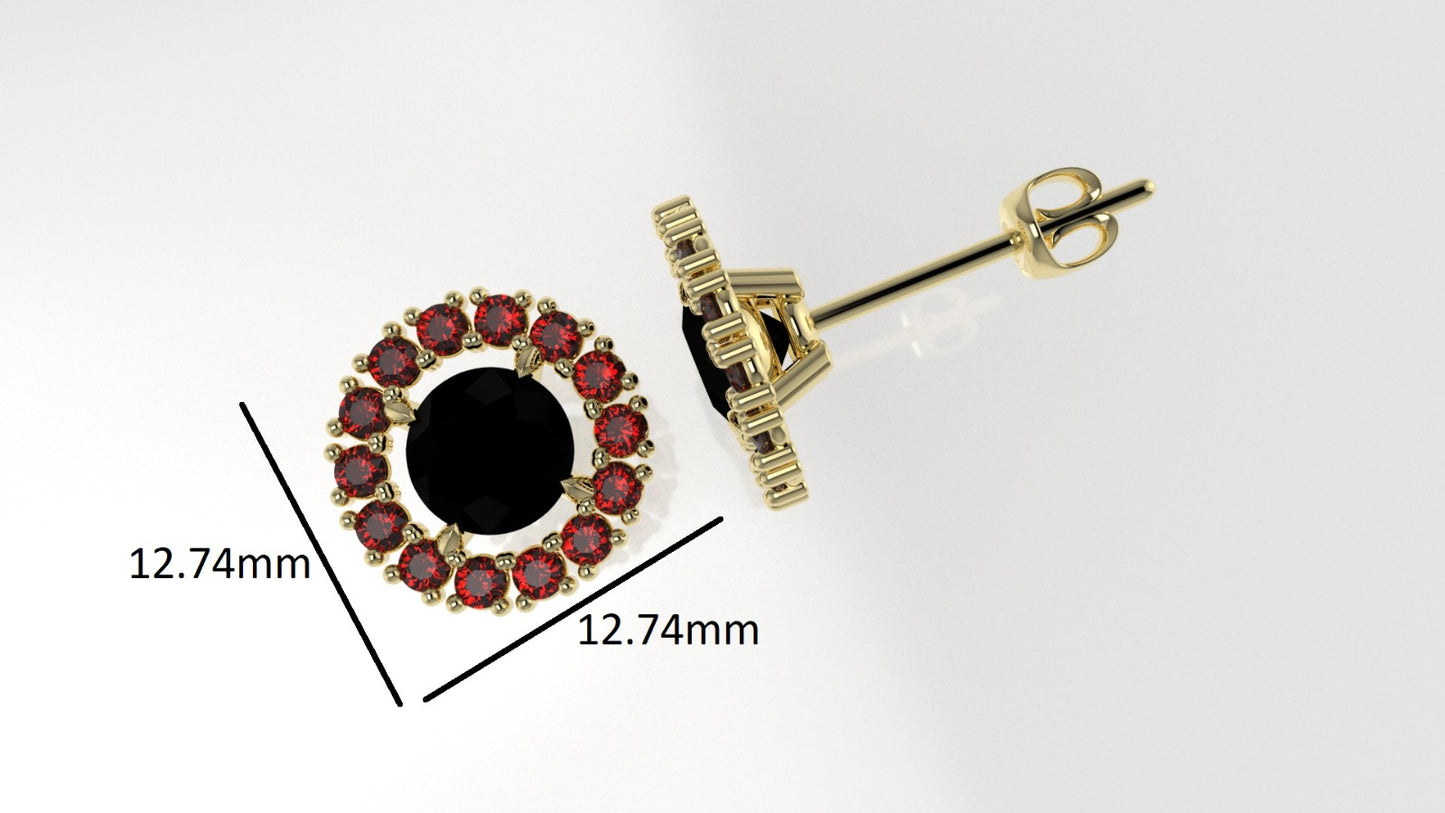 14k Push Back Earrings with 2 BLACK STONE 2mm each and 28 RUBY 2mm each, "circle with 4 Prongs"