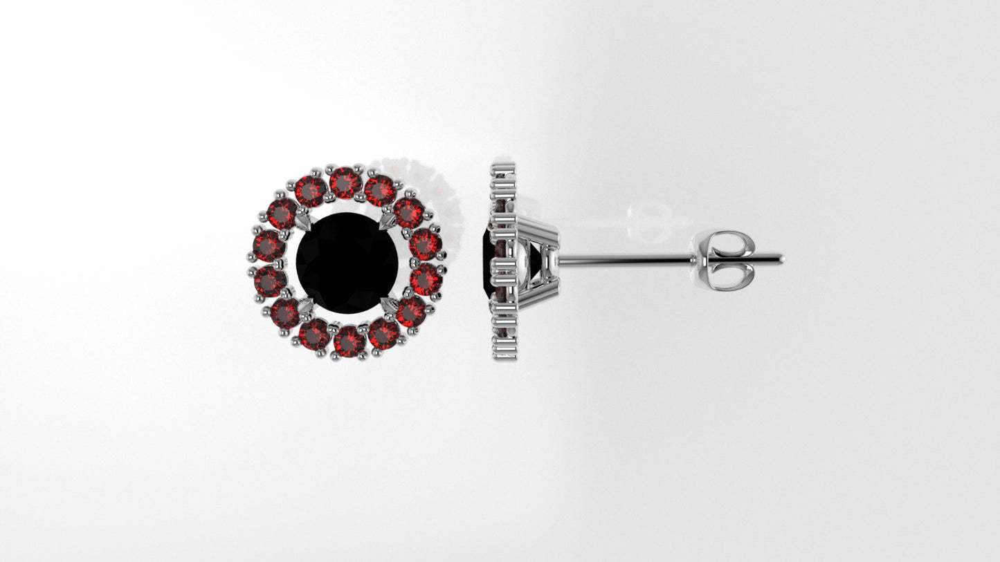 14k Push Back Earrings with 2 BLACK STONE 2mm each and 28 RUBY 2mm each, "circle with 4 Prongs"