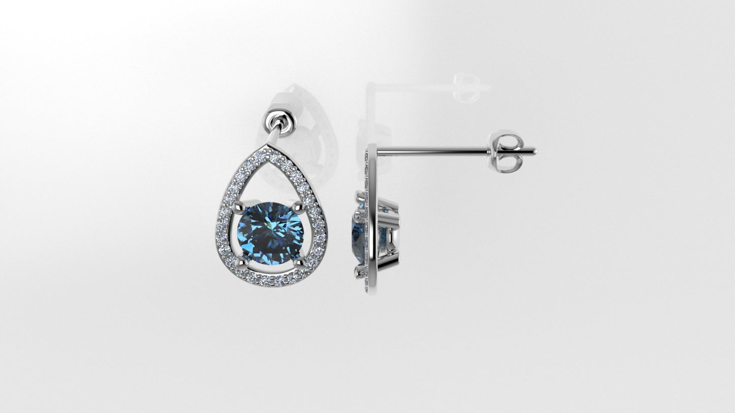Gold Earrings with 2 BLUE TOPAZ 6.5mm each and 52 DIAMOND 1.2mm VS1 each, "stt Prongs"