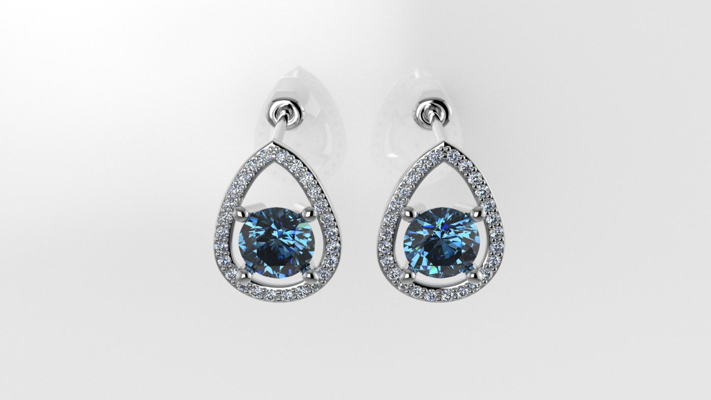 Gold Earrings with 2 BLUE TOPAZ 6.5mm each and 52 DIAMOND 1.2mm VS1 each, "stt Prongs"