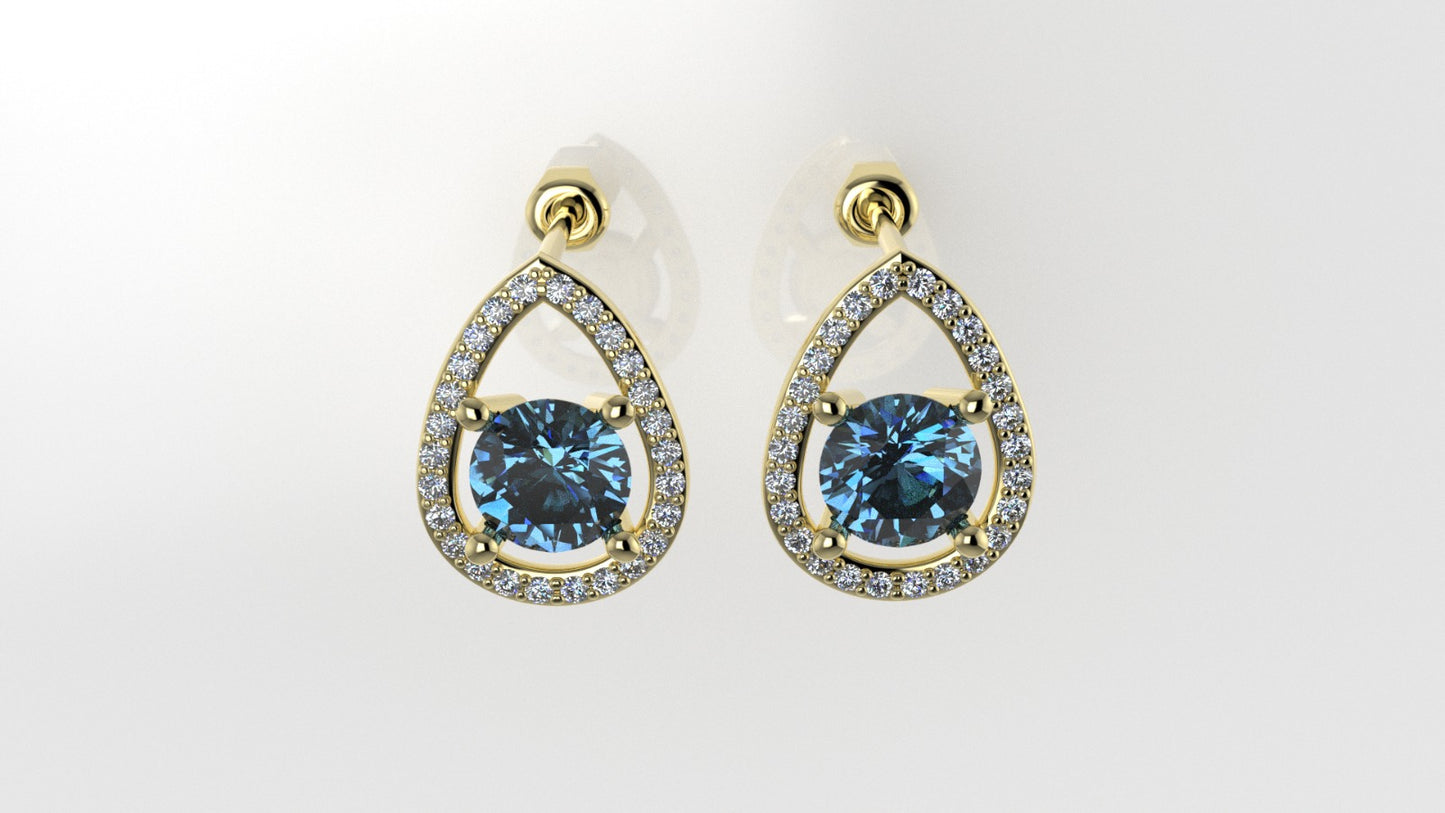 Gold Earrings with 2 BLUE TOPAZ 6.5mm each and 52 DIAMOND 1.2mm VS1 each, "stt Prongs"