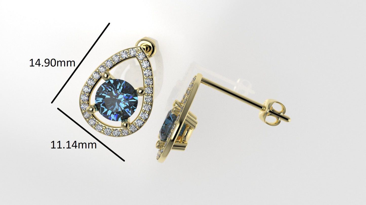 Gold Earrings with 2 BLUE TOPAZ 6.5mm each and 52 DIAMOND 1.2mm VS1 each, "stt Prongs"