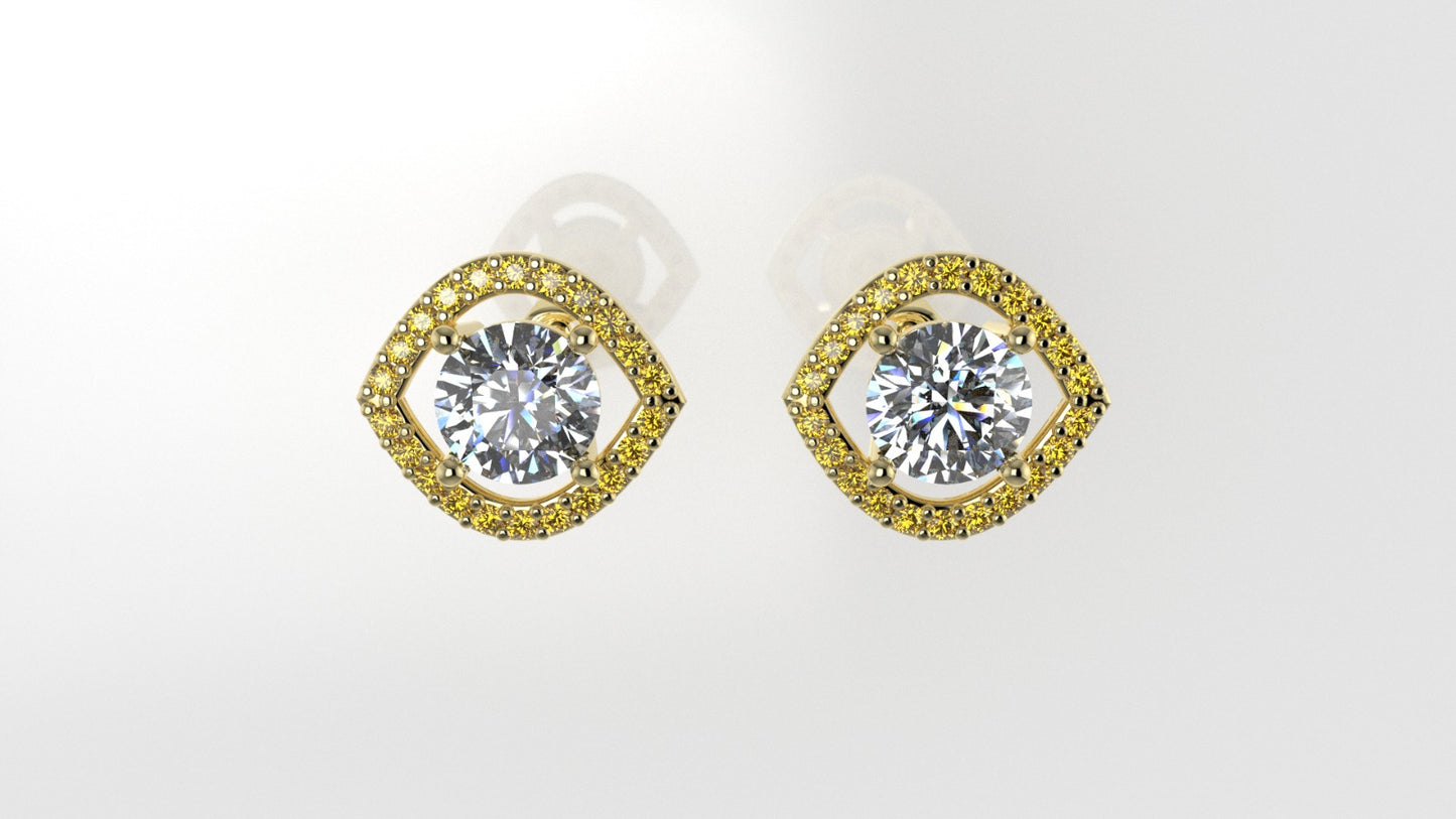 GOLD Earrings with 2 DIAMOND 6.5mm VS1 each and 44 YELLOW TOPAZ 1.3mm each, stt "PRONGS"