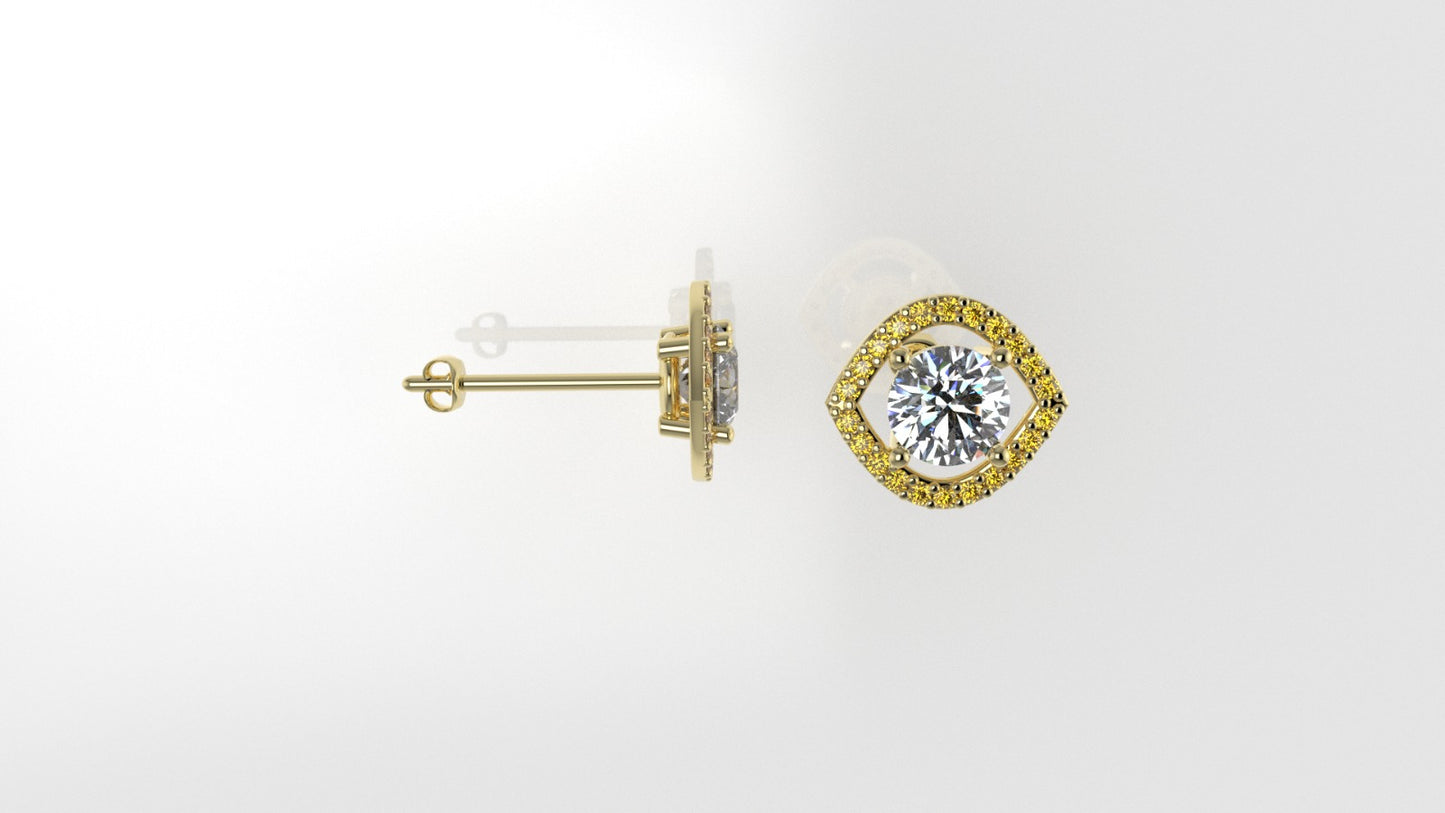GOLD Earrings with 2 DIAMOND 6.5mm VS1 each and 44 YELLOW TOPAZ 1.3mm each, stt "PRONGS"