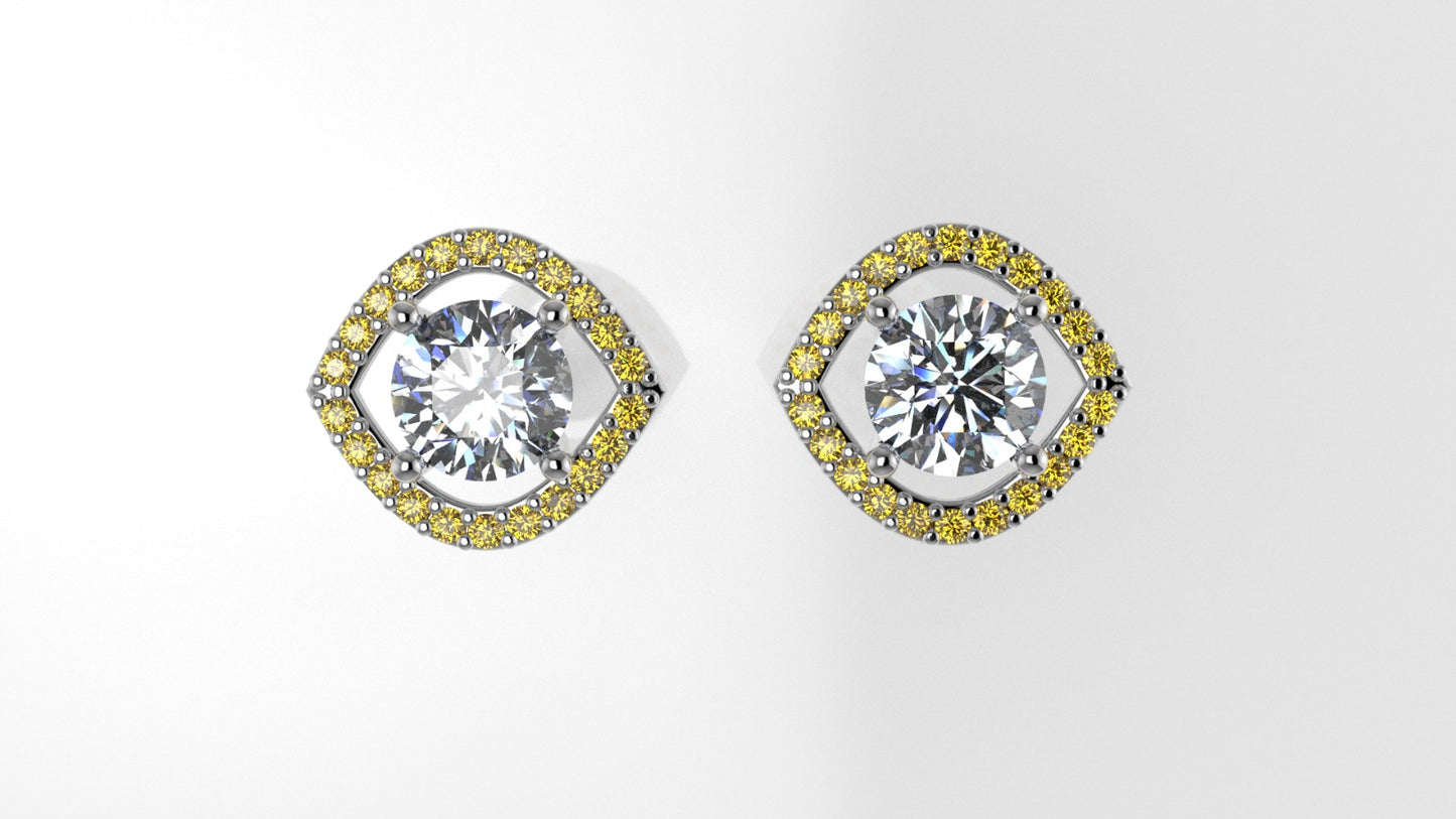 GOLD Earrings with 2 DIAMOND 6.5mm VS1 each and 44 YELLOW TOPAZ 1.3mm each, stt "PRONGS"