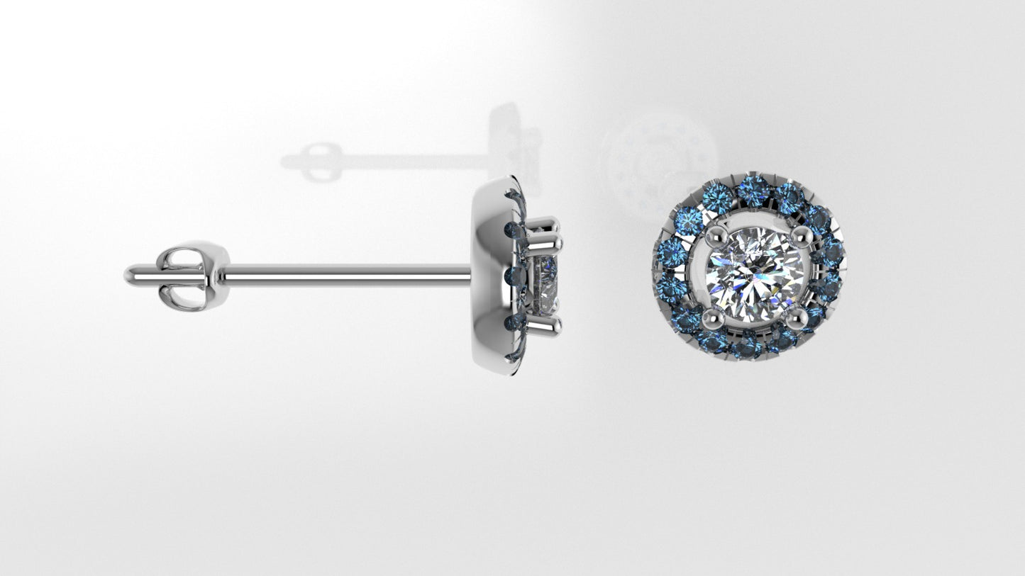 14k Yellow Gold Earrings with 2 DIAMOND 4mm VS1 each and 28 BLUE TOPAZ 1.3mm, "Cut Split and Stt: Prong"