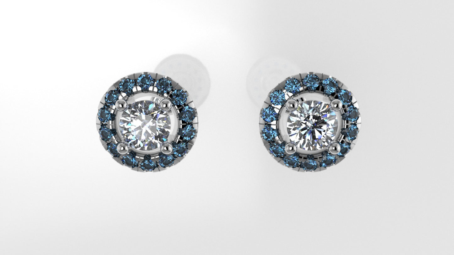 14k Yellow Gold Earrings with 2 DIAMOND 4mm VS1 each and 28 BLUE TOPAZ 1.3mm, "Cut Split and Stt: Prong"