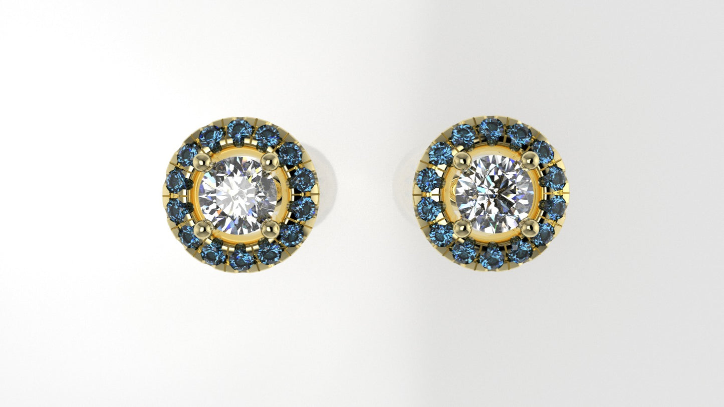 14k Yellow Gold Earrings with 2 DIAMOND 4mm VS1 each and 28 BLUE TOPAZ 1.3mm, "Cut Split and Stt: Prong"