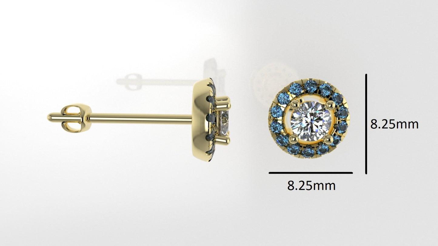 14k Yellow Gold Earrings with 2 DIAMOND 4mm VS1 each and 28 BLUE TOPAZ 1.3mm, "Cut Split and Stt: Prong"