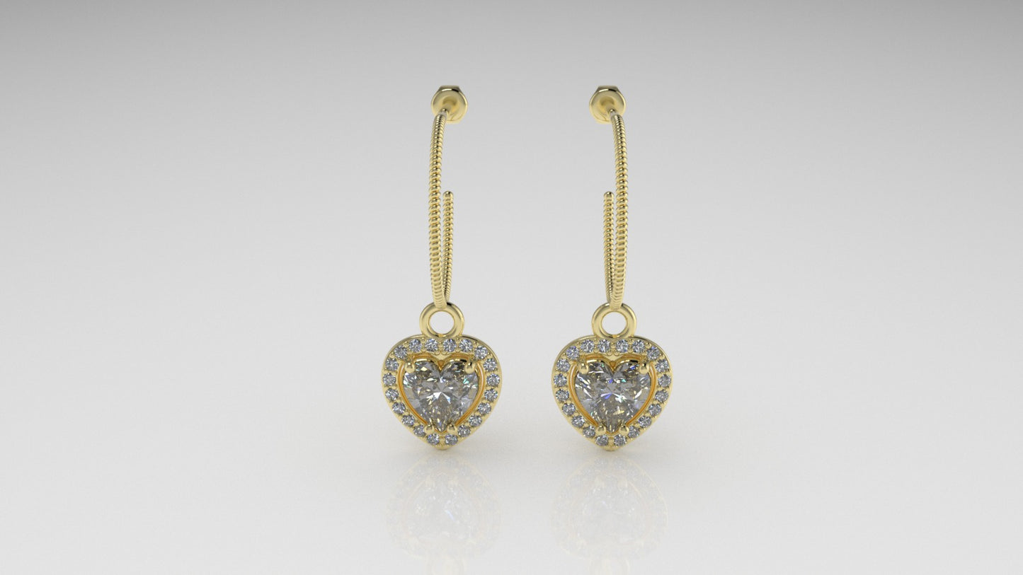 14k Gold Push Back Earrings with 42 DIAMOND VS1, "Stone Heart and Round" "Stt: Prongs"