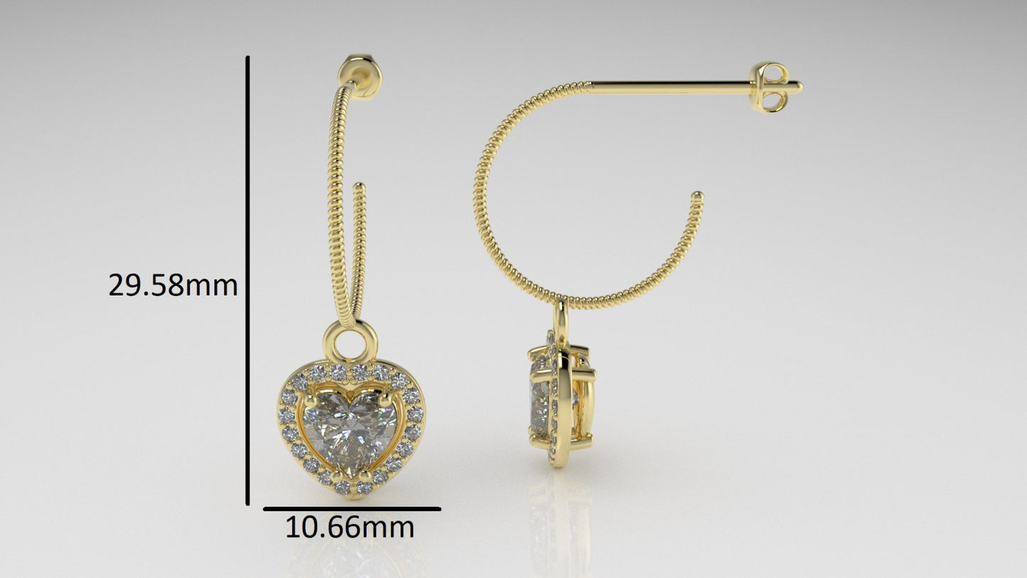 14k Gold Push Back Earrings with 42 DIAMOND VS1, "Stone Heart and Round" "Stt: Prongs"
