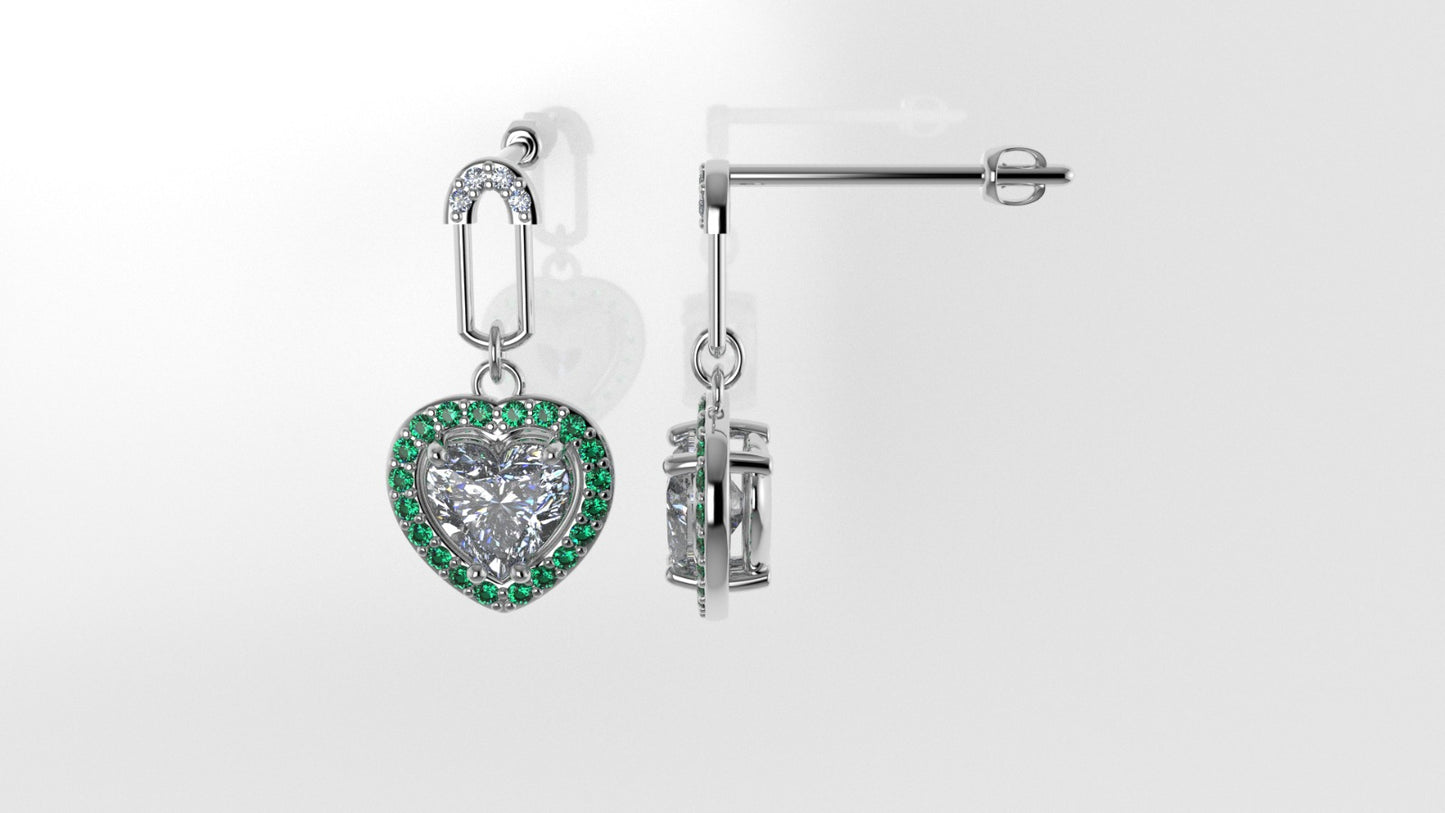 Yellow Gold Earrings with 10 DIAMOND VS1, 40 EMERALD, "Stt: Prongs" "Stone Heart and Round"