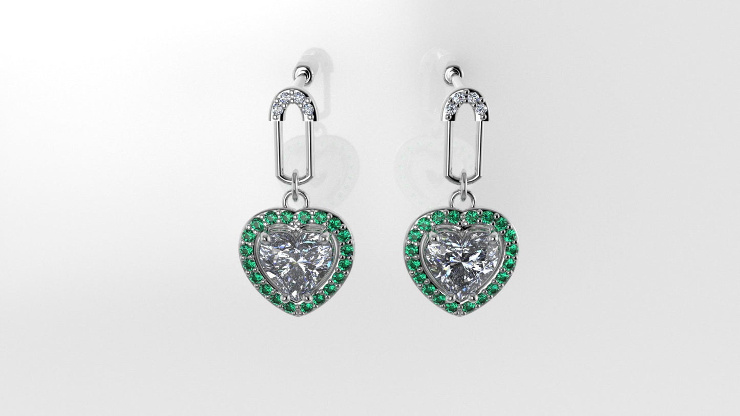 Yellow Gold Earrings with 10 DIAMOND VS1, 40 EMERALD, "Stt: Prongs" "Stone Heart and Round"