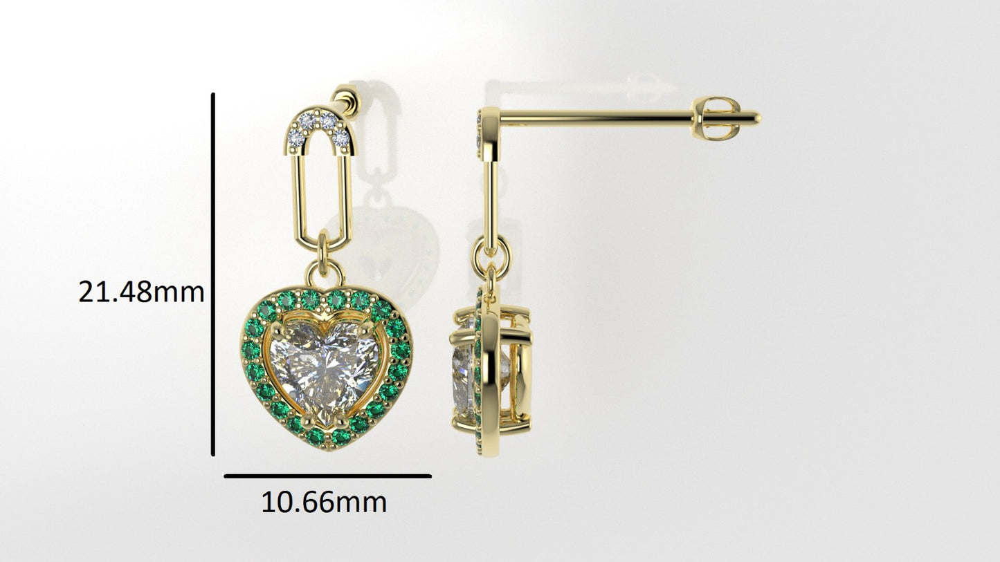 Yellow Gold Earrings with 10 DIAMOND VS1, 40 EMERALD, "Stt: Prongs" "Stone Heart and Round"